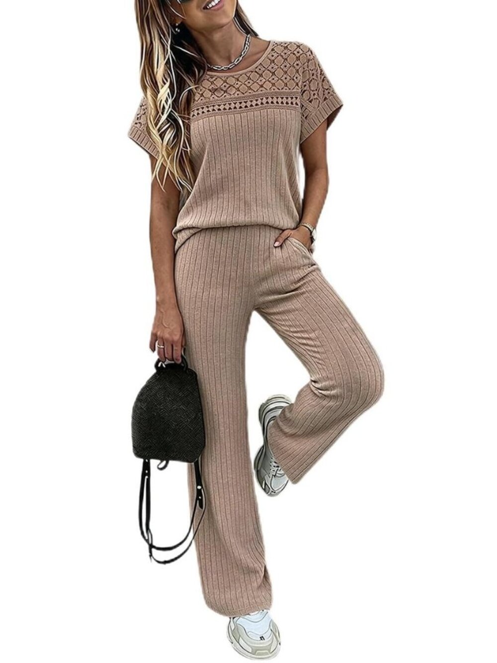 Women's 2 Piece Knit Lounge Set Short Sleeve